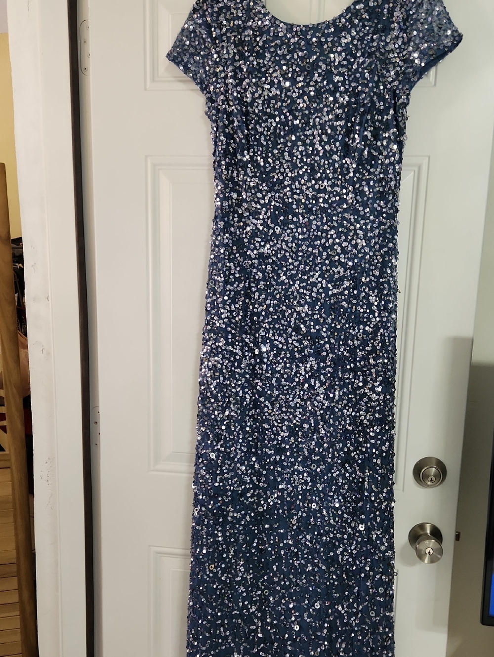 Adrianna Papell Navy Sequin Short Sleeve Maxi Gown